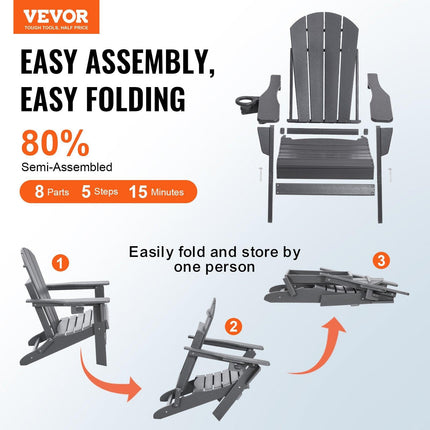 Adirondack Chair Plastic, Set of 2 All-Weather Portable Folding Fire Pit Chair, Outdoor Adirondack Patio Chair with Cup Holder, with Relaxing Arm Rest Ergonomic, for Garden, Backyard - Gray.