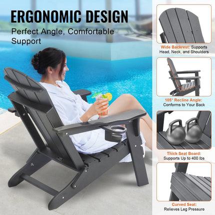 Adirondack Chair Plastic, Set of 2 All-Weather Portable Folding Fire Pit Chair, Outdoor Adirondack Patio Chair with Cup Holder, with Relaxing Arm Rest Ergonomic, for Garden, Backyard - Gray.