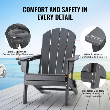 Adirondack Chair Plastic, Set of 2 All-Weather Portable Folding Fire Pit Chair, Outdoor Adirondack Patio Chair with Cup Holder, with Relaxing Arm Rest Ergonomic, for Garden, Backyard - Gray.