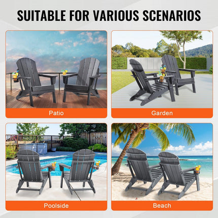 Adirondack Chair Plastic, Set of 2 All-Weather Portable Folding Fire Pit Chair, Outdoor Adirondack Patio Chair with Cup Holder, with Relaxing Arm Rest Ergonomic, for Garden, Backyard - Gray.