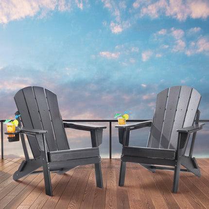 Adirondack Chair Plastic, Set of 2 All-Weather Portable Folding Fire Pit Chair, Outdoor Adirondack Patio Chair with Cup Holder, with Relaxing Arm Rest Ergonomic, for Garden, Backyard - Gray.