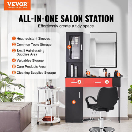 Salon Station, Wall Mount Barber Salon Station for Hair Stylist, Beauty Spa Furniture Set, 1 Storage Cabinet, 3 Cubbies and 2 Drawers(One Lockable), Black and Red.