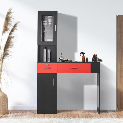 Salon Station, Wall Mount Barber Salon Station for Hair Stylist, Beauty Spa Furniture Set, 1 Storage Cabinet, 3 Cubbies and 2 Drawers(One Lockable), Black and Red.