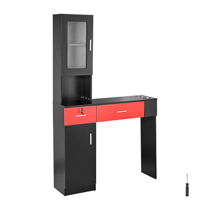 Salon Station, Wall Mount Barber Salon Station for Hair Stylist, Beauty Spa Furniture Set, 1 Storage Cabinet, 3 Cubbies and 2 Drawers(One Lockable), Black and Red.