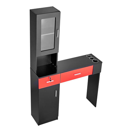 Salon Station, Wall Mount Barber Salon Station for Hair Stylist, Beauty Spa Furniture Set, 1 Storage Cabinet, 3 Cubbies and 2 Drawers(One Lockable), Black and Red.