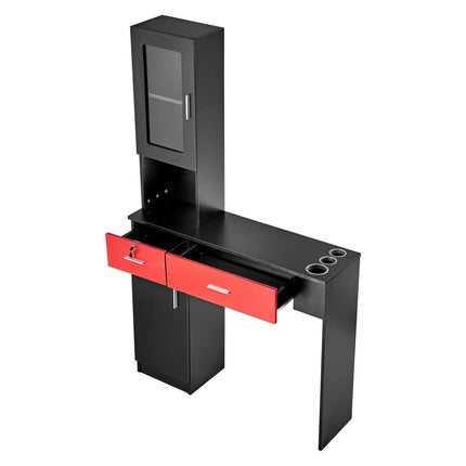 Salon Station, Wall Mount Barber Salon Station for Hair Stylist, Beauty Spa Furniture Set, 1 Storage Cabinet, 3 Cubbies and 2 Drawers(One Lockable), Black and Red.