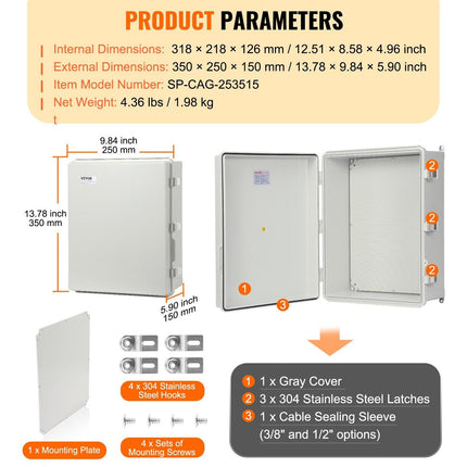 Outdoor Electrical Junction Box, 350 x 250 x 150 mm, ABS Plastic Electrical Enclosure Box with Hinged Cover Stainless Steel Latch, IP67 Dustproof Waterproof for Outdoor Electrical Projects.