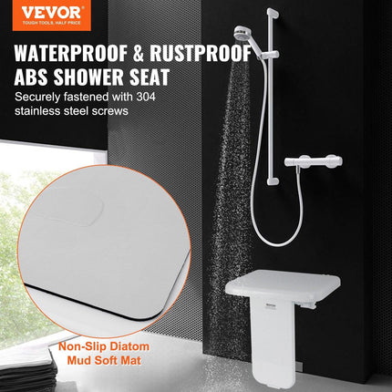 Folding ABS Shower Seat, 15.7'' x 16.7'' Unfolded, Wall Mounted Fold Up Shower Bench with 440 lbs Load Capacity, Space Saving Fold Down Shower Chair for Seniors Pregnant Women Children Adults.