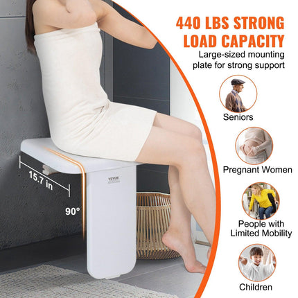 Folding ABS Shower Seat, 15.7'' x 16.7'' Unfolded, Wall Mounted Fold Up Shower Bench with 440 lbs Load Capacity, Space Saving Fold Down Shower Chair for Seniors Pregnant Women Children Adults.