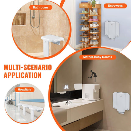 Folding ABS Shower Seat, 15.7'' x 16.7'' Unfolded, Wall Mounted Fold Up Shower Bench with 440 lbs Load Capacity, Space Saving Fold Down Shower Chair for Seniors Pregnant Women Children Adults.