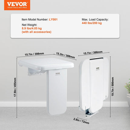 Folding ABS Shower Seat, 15.7'' x 16.7'' Unfolded, Wall Mounted Fold Up Shower Bench with 440 lbs Load Capacity, Space Saving Fold Down Shower Chair for Seniors Pregnant Women Children Adults.