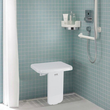 Folding ABS Shower Seat, 15.7'' x 16.7'' Unfolded, Wall Mounted Fold Up Shower Bench with 440 lbs Load Capacity, Space Saving Fold Down Shower Chair for Seniors Pregnant Women Children Adults.