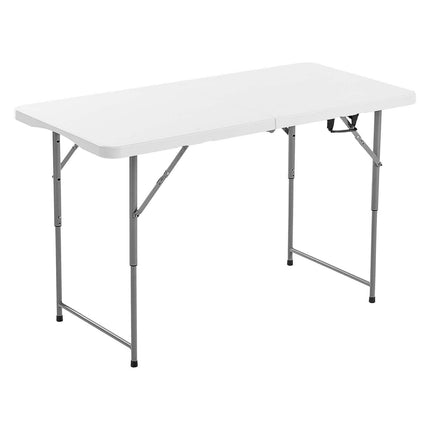 Folding Table, 4 Ft Heavy Duty Portable Fold-in-Half Utility Table, Indoor Outdoor Plastic Rectangle Table with Adjustable Height and Built in Handle, for Party, Dining, Picnic, Camping, White.