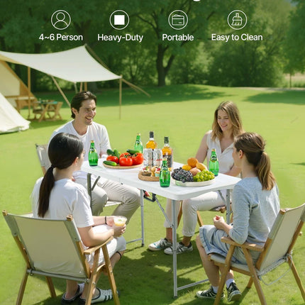 Folding Table, 4 Ft Heavy Duty Portable Fold-in-Half Utility Table, Indoor Outdoor Plastic Rectangle Table with Adjustable Height and Built in Handle, for Party, Dining, Picnic, Camping, White.