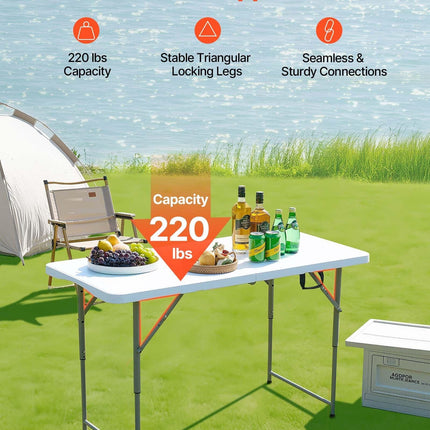 Folding Table, 4 Ft Heavy Duty Portable Fold-in-Half Utility Table, Indoor Outdoor Plastic Rectangle Table with Adjustable Height and Built in Handle, for Party, Dining, Picnic, Camping, White.