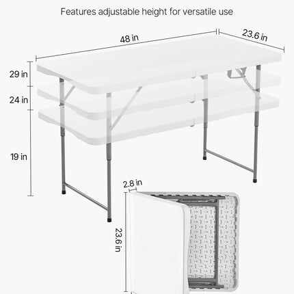 Folding Table, 4 Ft Heavy Duty Portable Fold-in-Half Utility Table, Indoor Outdoor Plastic Rectangle Table with Adjustable Height and Built in Handle, for Party, Dining, Picnic, Camping, White.