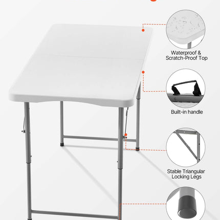 Folding Table, 4 Ft Heavy Duty Portable Fold-in-Half Utility Table, Indoor Outdoor Plastic Rectangle Table with Adjustable Height and Built in Handle, for Party, Dining, Picnic, Camping, White.