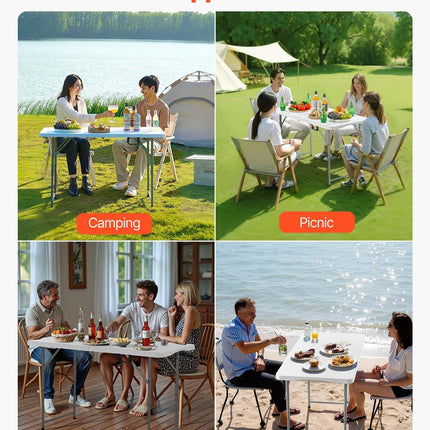 Folding Table, 4 Ft Heavy Duty Portable Fold-in-Half Utility Table, Indoor Outdoor Plastic Rectangle Table with Adjustable Height and Built in Handle, for Party, Dining, Picnic, Camping, White.
