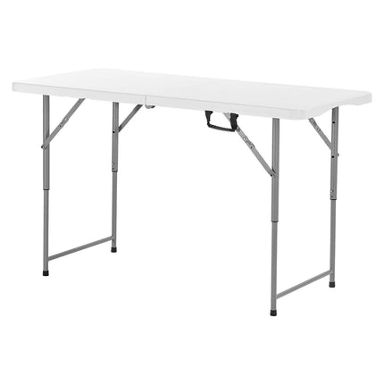Folding Table, 4 Ft Heavy Duty Portable Fold-in-Half Utility Table, Indoor Outdoor Plastic Rectangle Table with Adjustable Height and Built in Handle, for Party, Dining, Picnic, Camping, White.