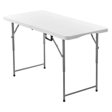Folding Table, 4 Ft Heavy Duty Portable Fold-in-Half Utility Table, Indoor Outdoor Plastic Rectangle Table with Adjustable Height and Built in Handle, for Party, Dining, Picnic, Camping, White.