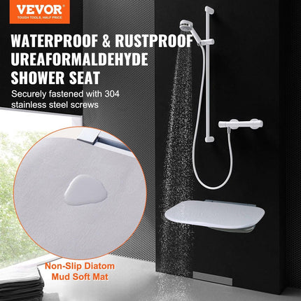 Urea-formaldehyde Folding Shower Seat, 13.6'' x 12.8'' Unfolded, Wall Mounted Fold Up Shower Bench with 450 lbs Load Capacity, Space Saving Fold Down Shower Chair for Seniors Children Adults.