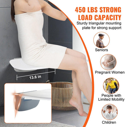 Urea-formaldehyde Folding Shower Seat, 13.6'' x 12.8'' Unfolded, Wall Mounted Fold Up Shower Bench with 450 lbs Load Capacity, Space Saving Fold Down Shower Chair for Seniors Children Adults.