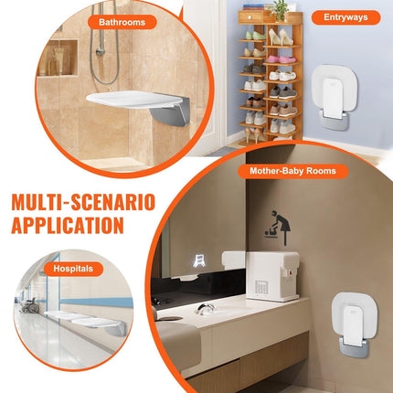 Urea-formaldehyde Folding Shower Seat, 13.6'' x 12.8'' Unfolded, Wall Mounted Fold Up Shower Bench with 450 lbs Load Capacity, Space Saving Fold Down Shower Chair for Seniors Children Adults.