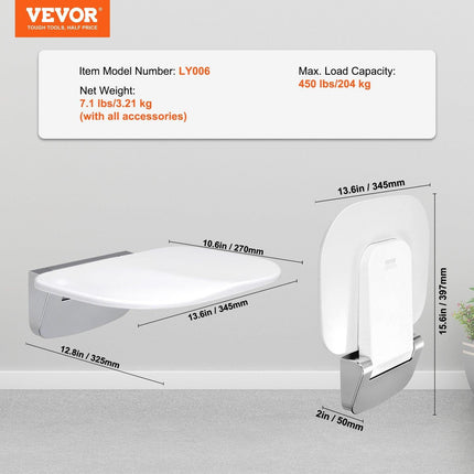 Urea-formaldehyde Folding Shower Seat, 13.6'' x 12.8'' Unfolded, Wall Mounted Fold Up Shower Bench with 450 lbs Load Capacity, Space Saving Fold Down Shower Chair for Seniors Children Adults.
