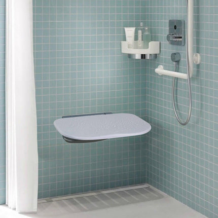 Urea-formaldehyde Folding Shower Seat, 13.6'' x 12.8'' Unfolded, Wall Mounted Fold Up Shower Bench with 450 lbs Load Capacity, Space Saving Fold Down Shower Chair for Seniors Children Adults.