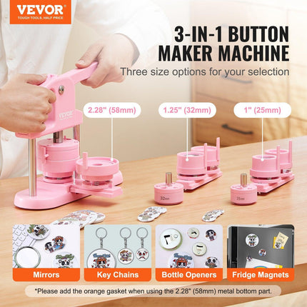 Button Maker, 1/1.25/2.28 inch(25/32/58mm) 3-IN-1 Pin Maker, 300pcs Button Parts, Button Maker Machine with Panda Magic Book, Ergonomic Arc Handle Punch Press Kit, For Children DIY Gifts, Pink.