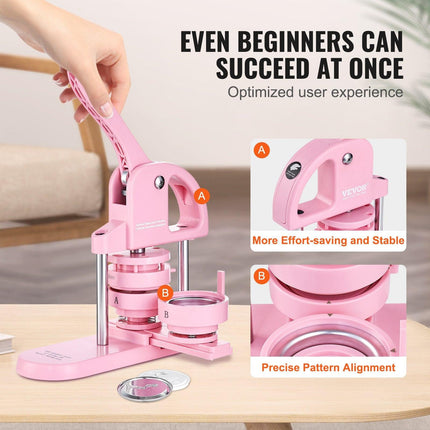Button Maker, 1/1.25/2.28 inch(25/32/58mm) 3-IN-1 Pin Maker, 300pcs Button Parts, Button Maker Machine with Panda Magic Book, Ergonomic Arc Handle Punch Press Kit, For Children DIY Gifts, Pink.