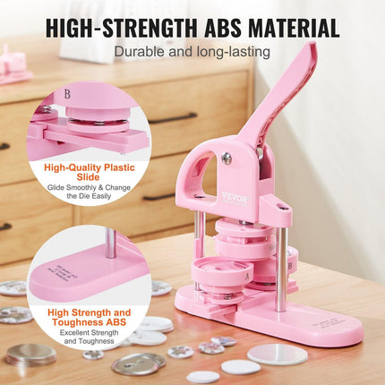 Button Maker, 1/1.25/2.28 inch(25/32/58mm) 3-IN-1 Pin Maker, 300pcs Button Parts, Button Maker Machine with Panda Magic Book, Ergonomic Arc Handle Punch Press Kit, For Children DIY Gifts, Pink.