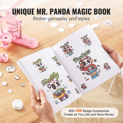 Button Maker, 1/1.25/2.28 inch(25/32/58mm) 3-IN-1 Pin Maker, 300pcs Button Parts, Button Maker Machine with Panda Magic Book, Ergonomic Arc Handle Punch Press Kit, For Children DIY Gifts, Pink.