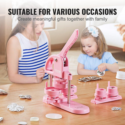 Button Maker, 1/1.25/2.28 inch(25/32/58mm) 3-IN-1 Pin Maker, 300pcs Button Parts, Button Maker Machine with Panda Magic Book, Ergonomic Arc Handle Punch Press Kit, For Children DIY Gifts, Pink.