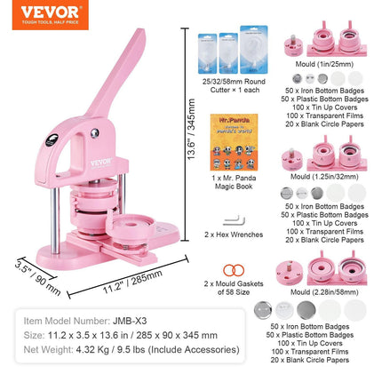 Button Maker, 1/1.25/2.28 inch(25/32/58mm) 3-IN-1 Pin Maker, 300pcs Button Parts, Button Maker Machine with Panda Magic Book, Ergonomic Arc Handle Punch Press Kit, For Children DIY Gifts, Pink.