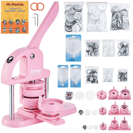 Button Maker, 1/1.25/2.28 inch(25/32/58mm) 3-IN-1 Pin Maker, 300pcs Button Parts, Button Maker Machine with Panda Magic Book, Ergonomic Arc Handle Punch Press Kit, For Children DIY Gifts, Pink.