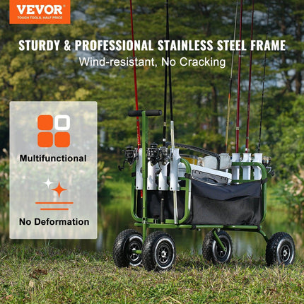 Beach Fishing Cart, 136kg Load Capacity, Foldable Fish and Marine Cart with Four 280mm Big Wheels Rubber Balloon Tires, Heavy-Duty Steel Pier Wagon Trolley with 8 Rod Holders for Picnic.