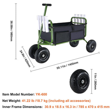 Beach Fishing Cart, 136kg Load Capacity, Foldable Fish and Marine Cart with Four 280mm Big Wheels Rubber Balloon Tires, Heavy-Duty Steel Pier Wagon Trolley with 8 Rod Holders for Picnic.