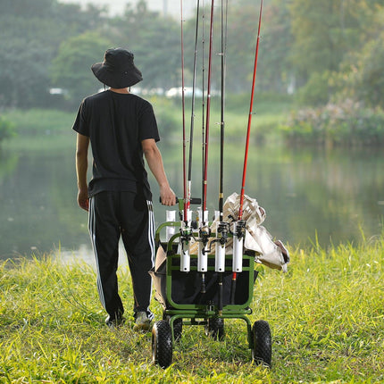 Beach Fishing Cart, 136kg Load Capacity, Foldable Fish and Marine Cart with Four 280mm Big Wheels Rubber Balloon Tires, Heavy-Duty Steel Pier Wagon Trolley with 8 Rod Holders for Picnic.