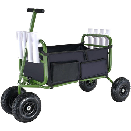 Beach Fishing Cart, 136kg Load Capacity, Foldable Fish and Marine Cart with Four 280mm Big Wheels Rubber Balloon Tires, Heavy-Duty Steel Pier Wagon Trolley with 8 Rod Holders for Picnic.