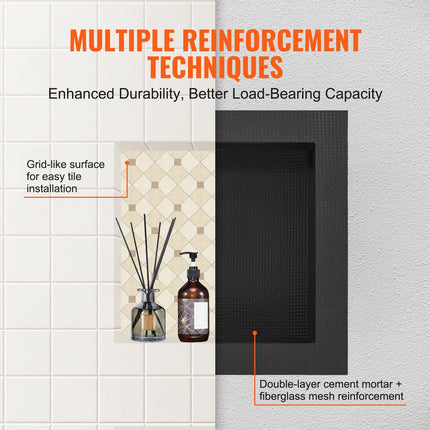 Shower Niche Ready for Tile 40.64 x 40.64 cm, Single Shelf Organizer, Square Corners Wall-inserted Niche Recessed, Sealed Protection Modern Soap Storage Niche for Shower Bathroom, Black.