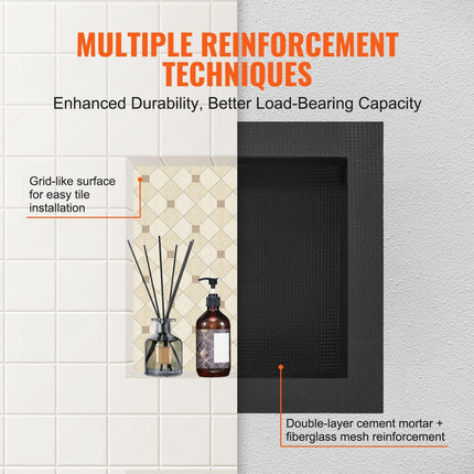 Shower Niche Ready for Tile 40.64 x 40.64 cm, Single Shelf Organizer, Square Corners Wall-inserted Niche Recessed, Sealed Protection Modern Soap Storage Niche for Shower Bathroom, Black.
