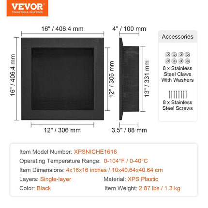 Shower Niche Ready for Tile 40.64 x 40.64 cm, Single Shelf Organizer, Square Corners Wall-inserted Niche Recessed, Sealed Protection Modern Soap Storage Niche for Shower Bathroom, Black.