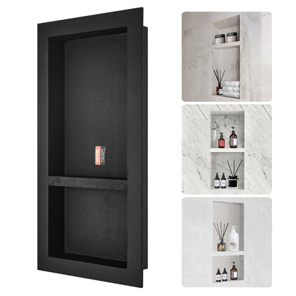 Shower Niche Ready for Tile 40.64 x 81.28 cm, Double Shelf Organizer, Square Corners Wall-inserted Niche Recessed, Sealed Protection Modern Soap Storage Niche for Shower Bathroom, Black.