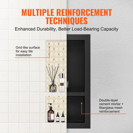 Shower Niche Ready for Tile 40.64 x 81.28 cm, Double Shelf Organizer, Square Corners Wall-inserted Niche Recessed, Sealed Protection Modern Soap Storage Niche for Shower Bathroom, Black.