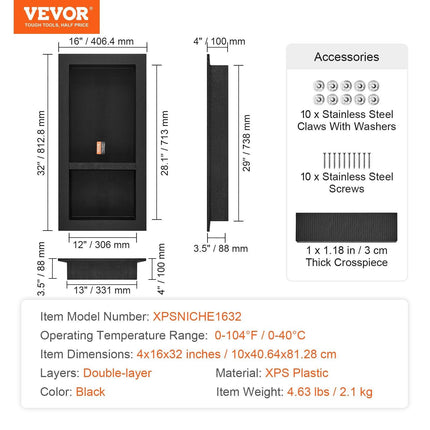 Shower Niche Ready for Tile 40.64 x 81.28 cm, Double Shelf Organizer, Square Corners Wall-inserted Niche Recessed, Sealed Protection Modern Soap Storage Niche for Shower Bathroom, Black.