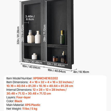 Shower Niche 40.6 x 81.3 + 40.6 x 81.3 cm Recessed Wall Shelf Bathroom.