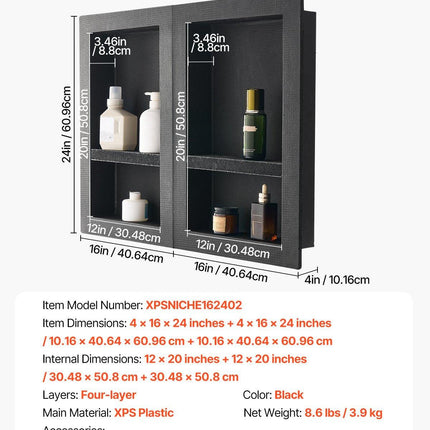 Shower Niche 40.6 x 61+40.6 x 61 cm Recessed Wall Organizer Bathroom.