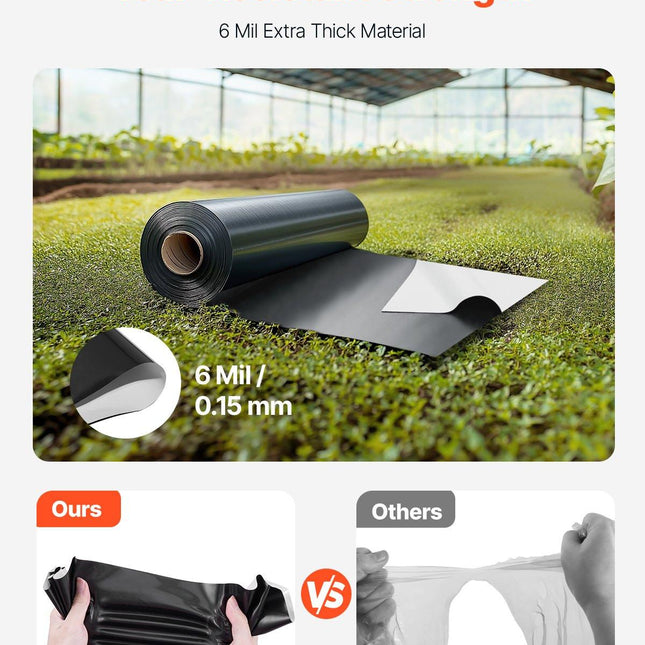 6Mil Plastic Sheeting Roll 10 x 100 FT Heavy Duty Film Black & White.