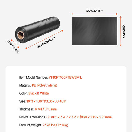 6Mil Plastic Sheeting Roll 10 x 100 FT Heavy Duty Film Black & White.